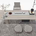 Modern Tea Table and Wooden Stools with Tea Set Vase and Magazine in Minimalist Interior