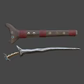 Sword Weapon With Wooden Hilt Red Wrapping And Silver Curved Engraved Blade
