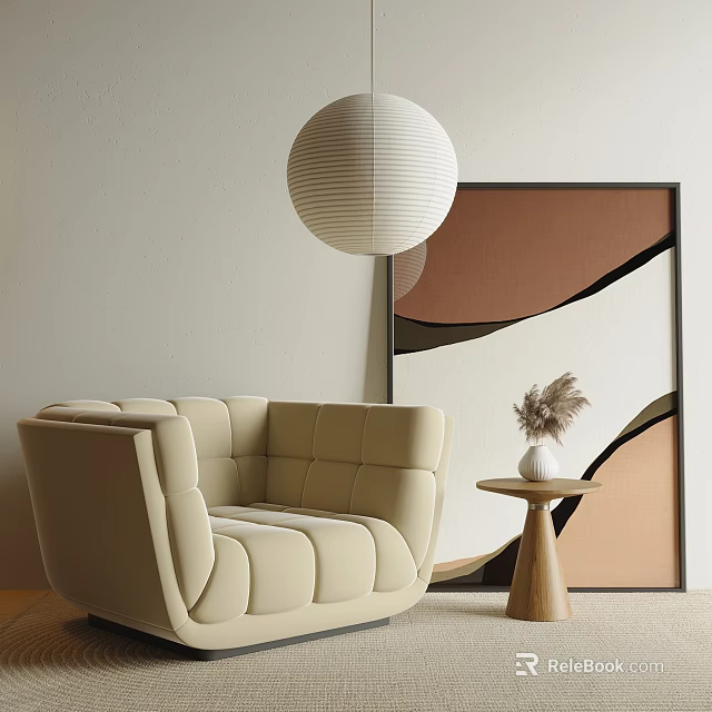 Single Seater Beige Curved Sofa Tufted Design With Side Table Abstract Painting Pendant Lamp 3d model 