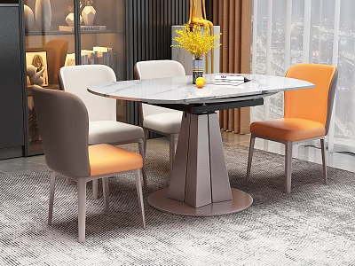 Modern Round Dining Table Set With Marble Tabletop Gray Orange Chairs And Yellow Flower Vase 3d model