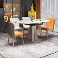 Modern Round Dining Table Set With Marble Tabletop Gray Orange Chairs And Yellow Flower Vase