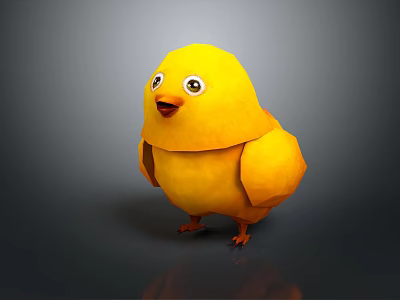 Cute Yellow 3D Model Chick as Flying Animal with Gray Background and Reflection 3d model