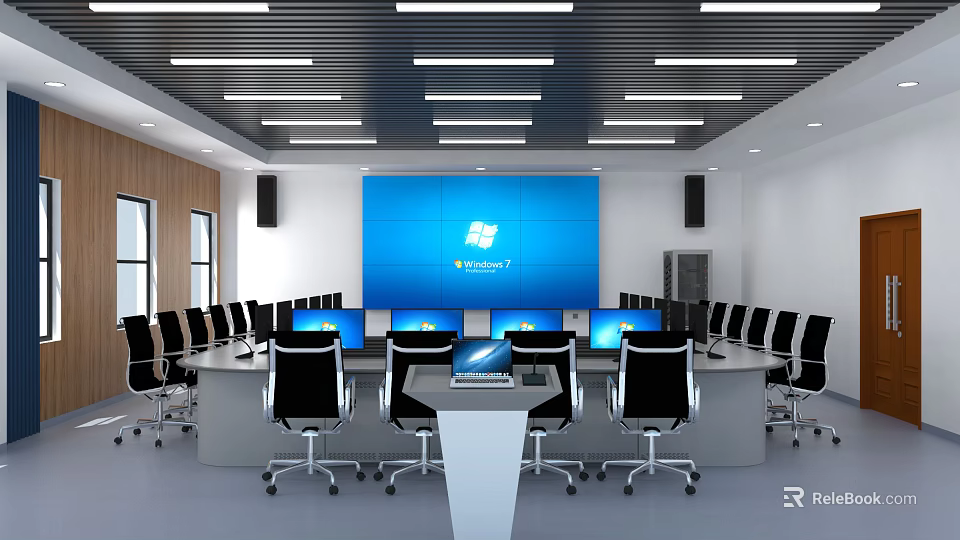 Monitoring Room Interior With Large Blue Screen Multiple Monitors Round Table And Conference Chairs 3d model 