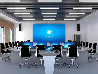 Monitoring Room Interior With Large Blue Screen Multiple Monitors Round Table And Conference Chairs 3d model