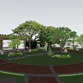 Park Landscape With Lush Trees Bamboo Stone Pathway Green Lawn Seating And Modern Building Backdrop