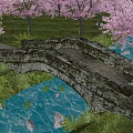 Scenic Stone Bridge Over Stream With Pink Cherry Blossom Trees Rocks Fish and Green Plants