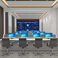 Modern Control Room with Multiple Computer Monitors Large Screen Data Charts Desks and Chairs 3d model