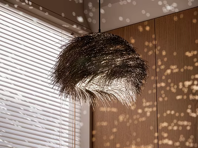 Feather Design Pendant Chandelier Casting Cozy Light Patterns On Wooden Wall Interior 3d model