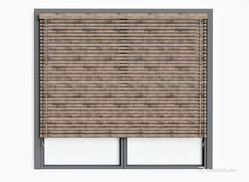 Brown Slatted Wooden Window Blinds Installed On Home Window With Glass Panes 3d model 