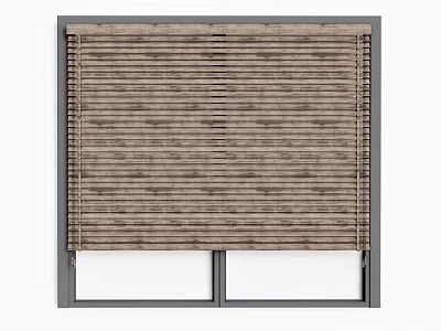Brown Slatted Wooden Window Blinds Installed On Home Window With Glass Panes 3d model