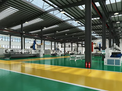 Industrial Factory Interior With Green Yellow Floor Steel Beams And Machinery 3d model