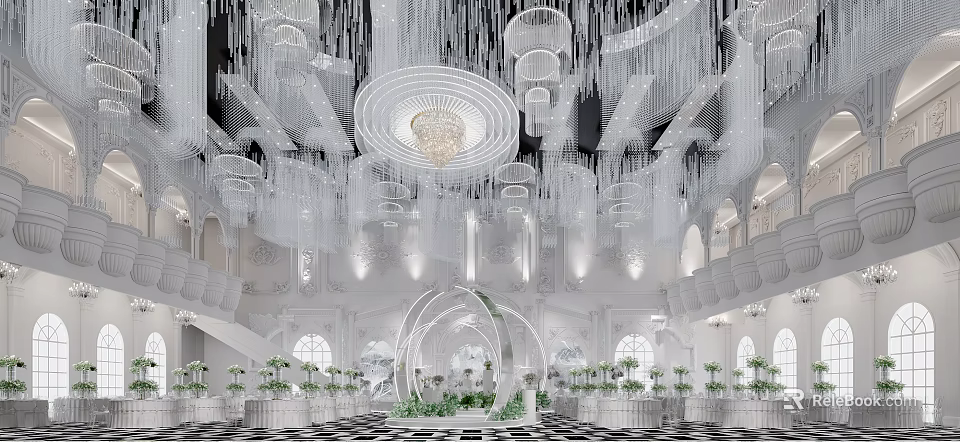 Elegant Grand Banquet Hall With Crystal Chandeliers Central Decor And Green Plants 3d model 