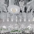 Elegant Grand Banquet Hall With Crystal Chandeliers Central Decor And Green Plants