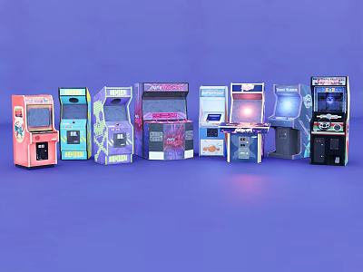 Colorful Arcade Machines with Different Designs in a Row on Purple Background 3d model