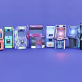Colorful Arcade Machines with Different Designs in a Row on Purple Background