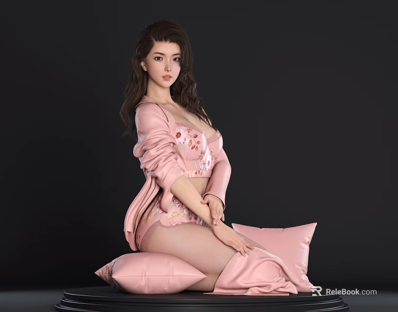 Woman in Pink Floral Loungewear Sitting on Pink Cushion Against Dark Background 3d model 