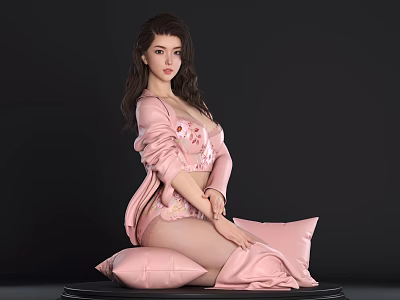 Woman in Pink Floral Loungewear Sitting on Pink Cushion Against Dark Background 3d model