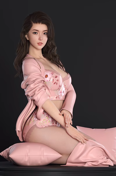 Woman in Pink Floral Loungewear Sitting on Pink Cushion Against Dark Background 3d model Woman in Pink Floral Loungewear Sitting on Pink Cushion Against Dark Background 3d model