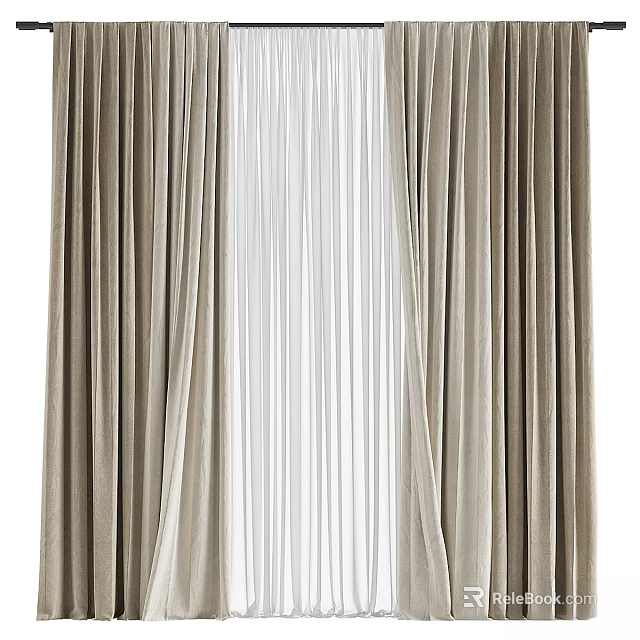 Elegant Modern Double Layer Curtains With Beige Thick Panels And White Sheer 3d model