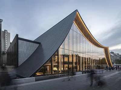 Modern Sales Office Building Featuring Curved Roof Glass Curtain Walls And Urban Pedestrians 3d model