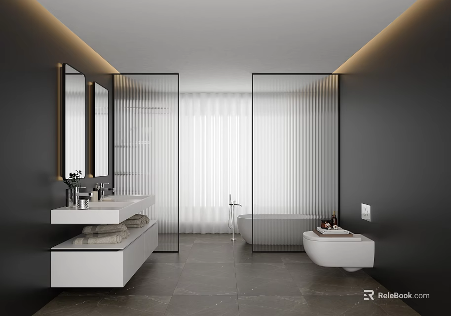 Modern Bathroom Design With Double Vanities Mirrors Bathtub And Toilet 3d model 