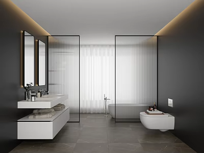 Modern Bathroom Design With Double Vanities Mirrors Bathtub And Toilet 3d model