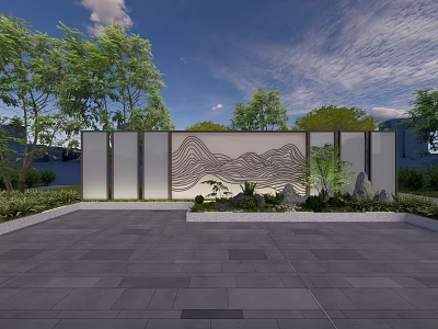 Modern Garden Feature Wall With Decorative Wavy Pattern And Surrounding Green Plants 3d model