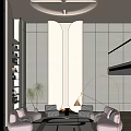 Modern Duplex Living Room Interior With Circular Lighting Sofa Chairs Fireplace And Staircase