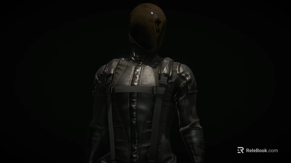 Back View Of Black Leather Jacket With Straps And Brown Helmet In Dark Background 3d model 