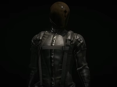 Back View Of Black Leather Jacket With Straps And Brown Helmet In Dark Background 3d model