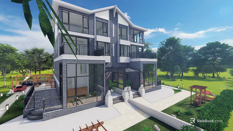 Modern Detached Villa With Large Glass Windows Balconies And Lush Garden Surroundings 3d model 