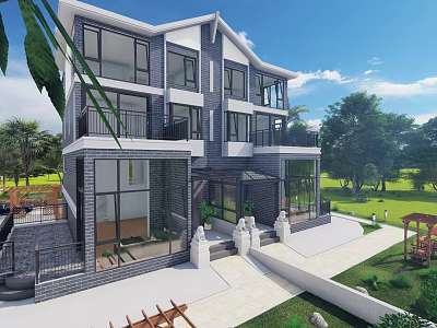 Modern Detached Villa With Large Glass Windows Balconies And Lush Garden Surroundings 3d model