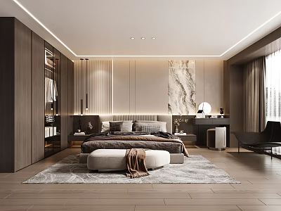 Modern Bedroom Interior With Wooden Wardrobe Marble Accent Wall And Area Rug 3d model