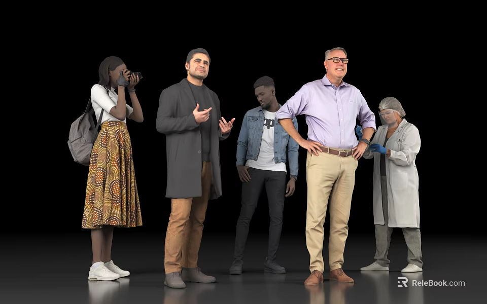 Diverse Group of People in Various Outfits Standing with Different Poses Against Black Background 3d model 