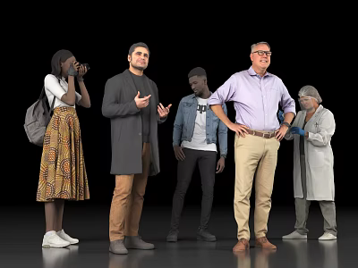 Diverse Group of People in Various Outfits Standing with Different Poses Against Black Background 3d model
