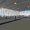 Spacious Indoor Badminton Courts for Fitness Training with Green Flooring Blue Lines and Ceiling Lights