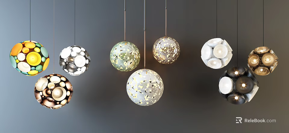 Various Spherical Pendant Lights With Decorative Patterns And White Gold Accents On Dark Background 3d model 