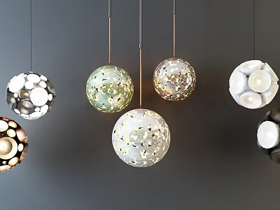 Various Spherical Pendant Lights With Decorative Patterns And White Gold Accents On Dark Background 3d model
