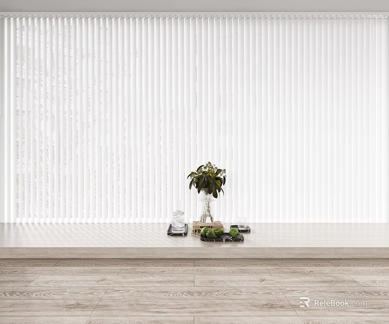 Modern White Vertical Blinds Window Treatment With Potted Plant And Decorative Items On Windowsill 3d model 