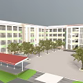 Spacious Campus Square With Multi Story School Building Entrance Trees Red Roof And Green Lawns