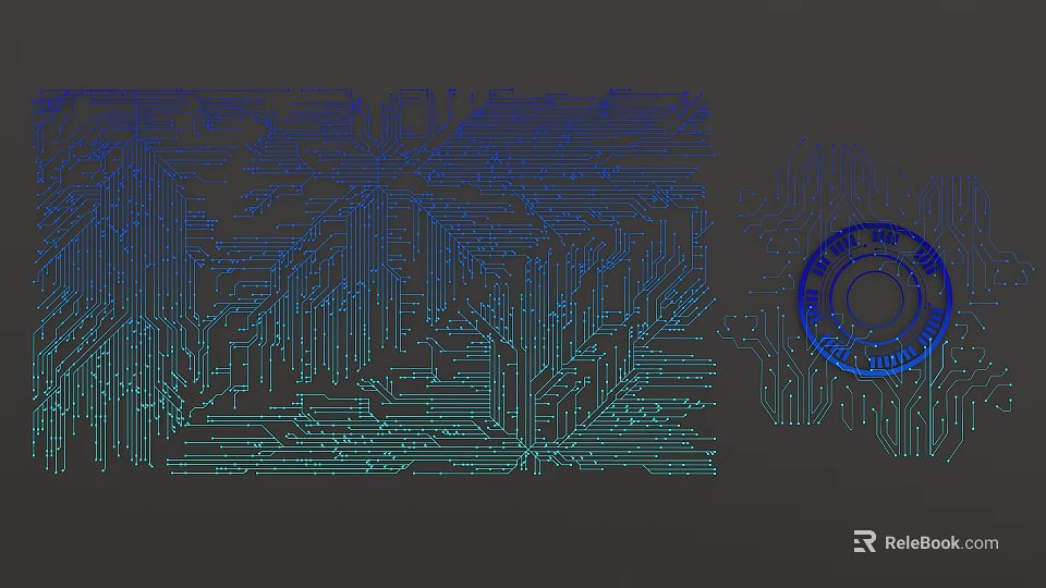 Circuit Board Layout With Blue Green Lines And Circular Stamp Design 3d model