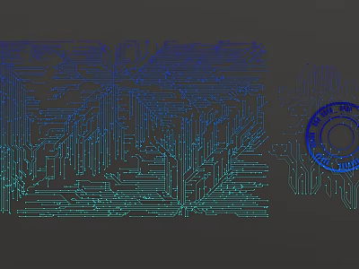 Circuit Board Layout With Blue Green Lines And Circular Stamp Design 3d model
