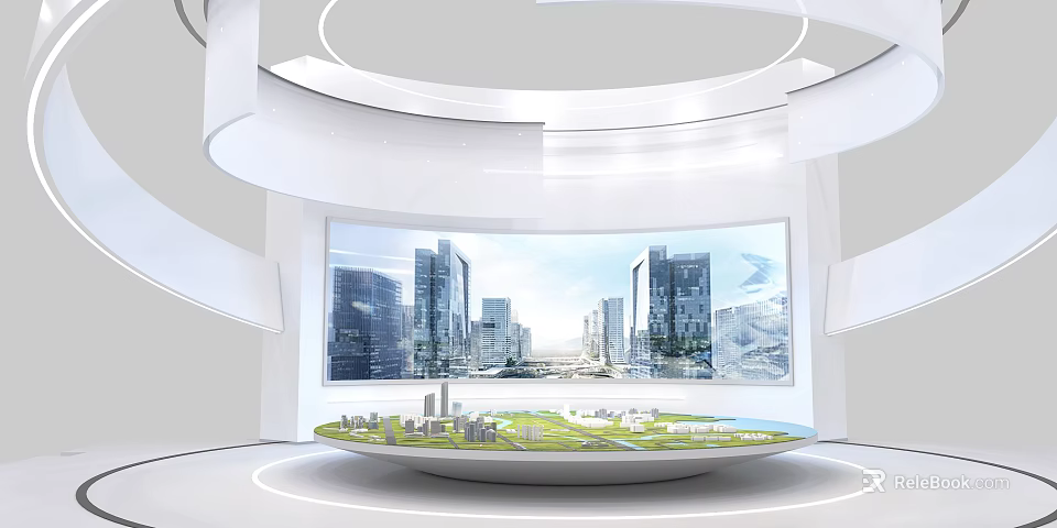 Modern Enterprise Exhibition Hall With Circular Display Platform City Model Green Area And Large Curved Screen 3d model 