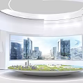 Modern Enterprise Exhibition Hall With Circular Display Platform City Model Green Area And Large Curved Screen