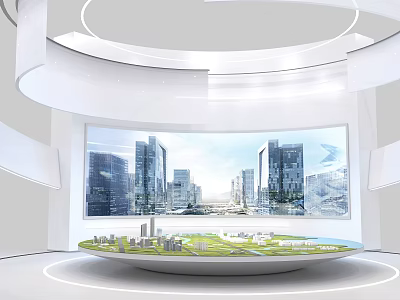 Modern Enterprise Exhibition Hall With Circular Display Platform City Model Green Area And Large Curved Screen 3d model