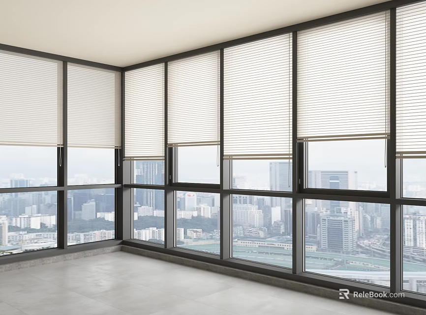 Modern Window Blinds In Spacious Room With Large Windows And City View Panorama 3d model 