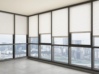 Modern Window Blinds In Spacious Room With Large Windows And City View Panorama 3d model