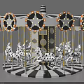 Black And White Striped Carousel With Star Decorations And Horses As Children's Play Equipment