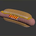 Delicious Hot Dog With Soft Bun Pink Sausage Yellow Sauce And Striped Topping