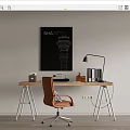 Modern Wooden Desk Setup With Orange Chair Desk Lamp Books And Wall Poster
